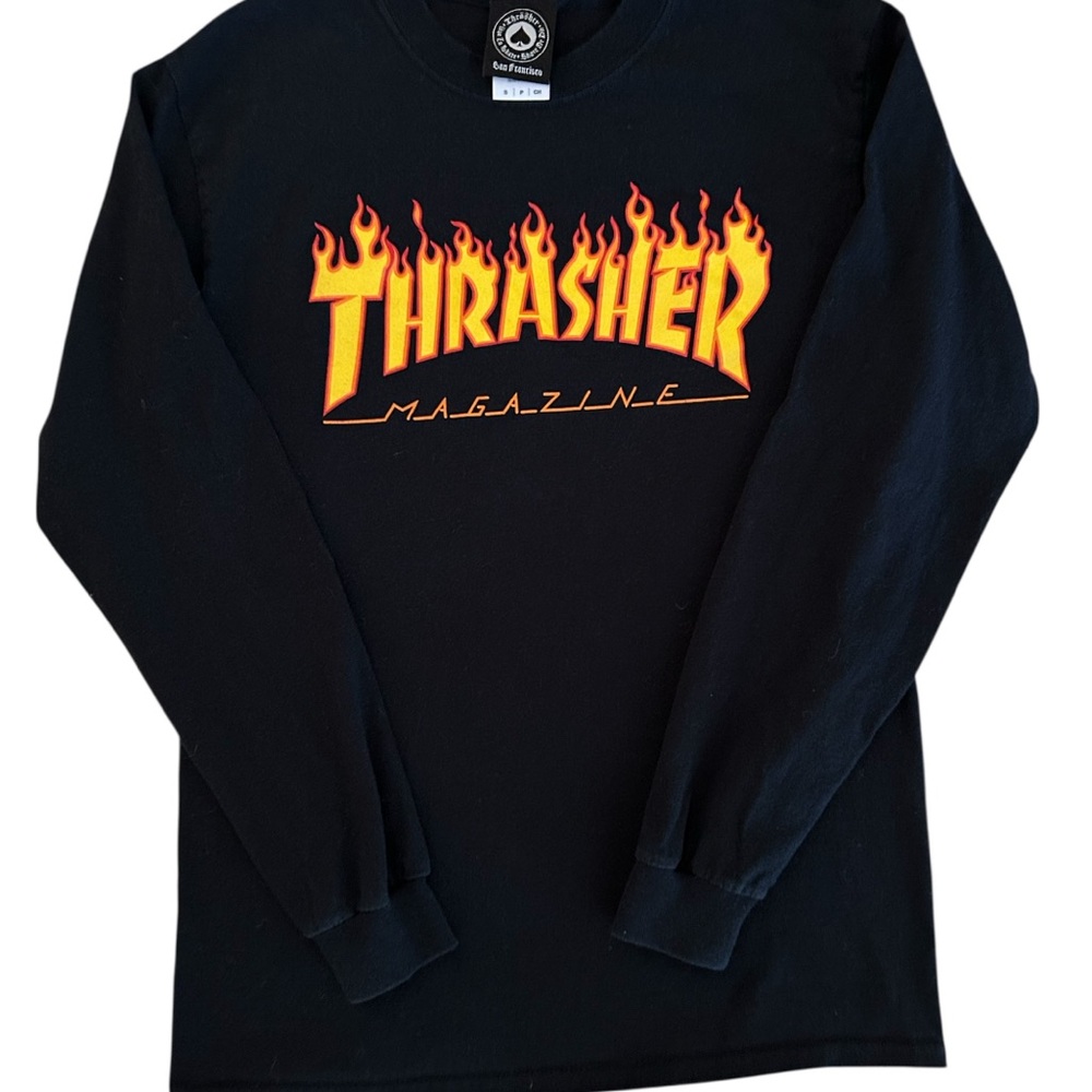Thrasher Magazine Flame Logo Long Sleeve Black T-Shirt Size Small
